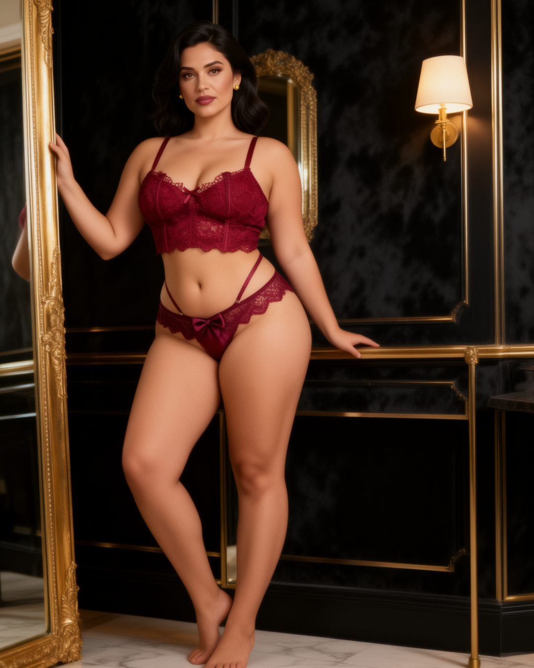 Burgundy Lace Bra and Thong Set, front view on model Salma (EUP-W02).