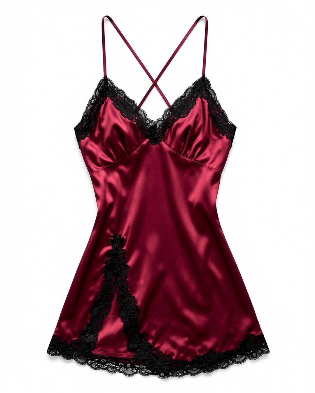 V-Neck Lace Trim Slip Nightdress in Red, laid flat to show the full piece.