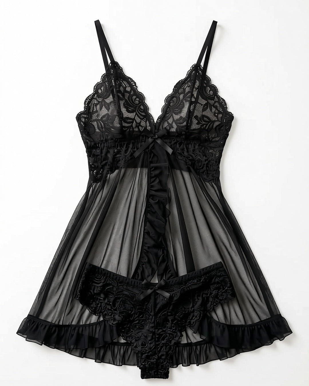 French Lace V-Neck Cami Slip in Black, laid flat to show the full piece.
