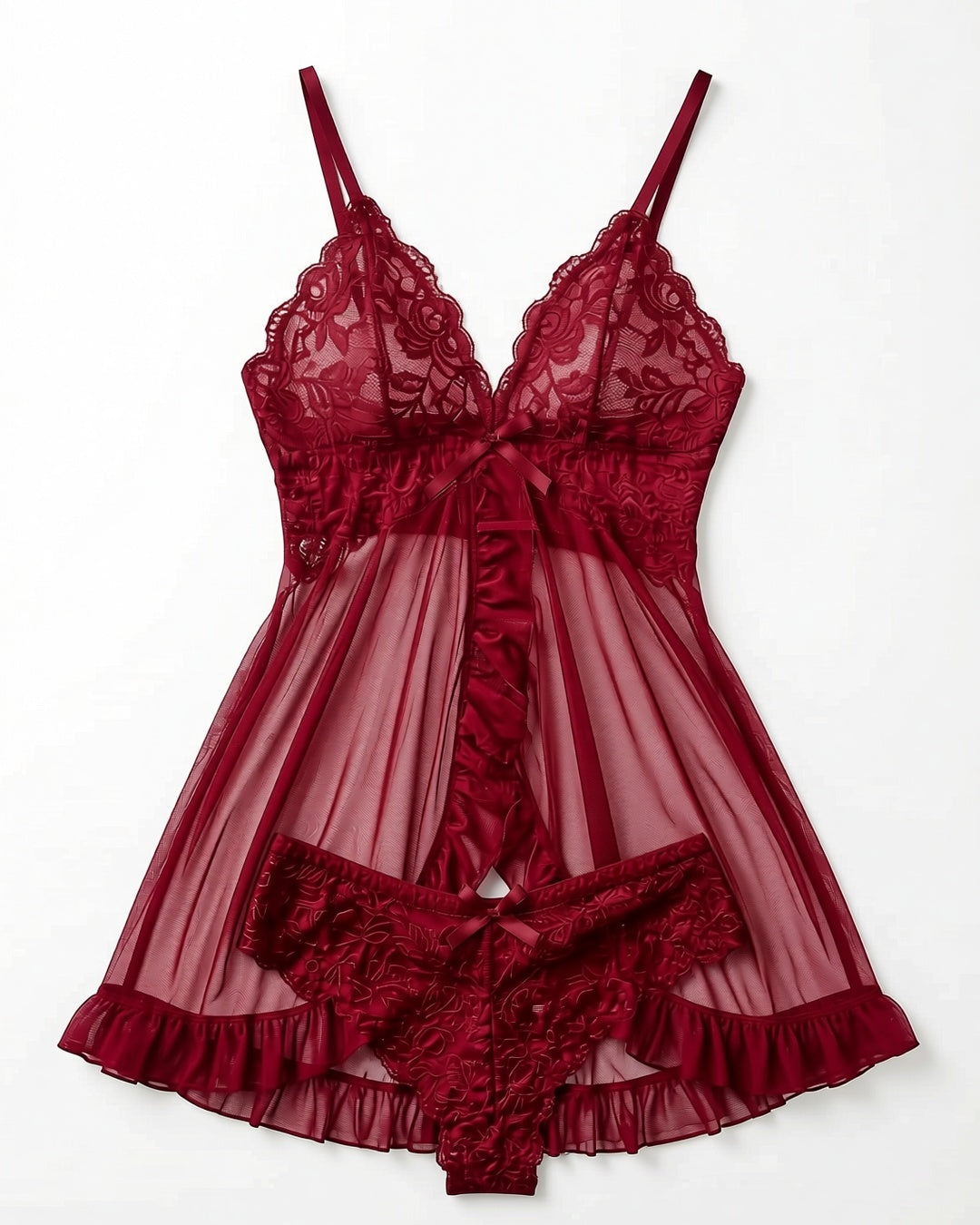French Lace V-Neck Cami Slip in Burgundy, laid flat to show the full piece.