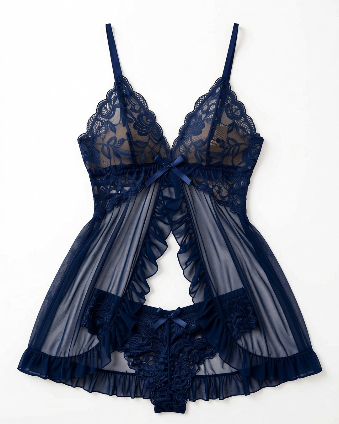 French Lace V-Neck Cami Slip in Navy, laid flat to show the full piece.
