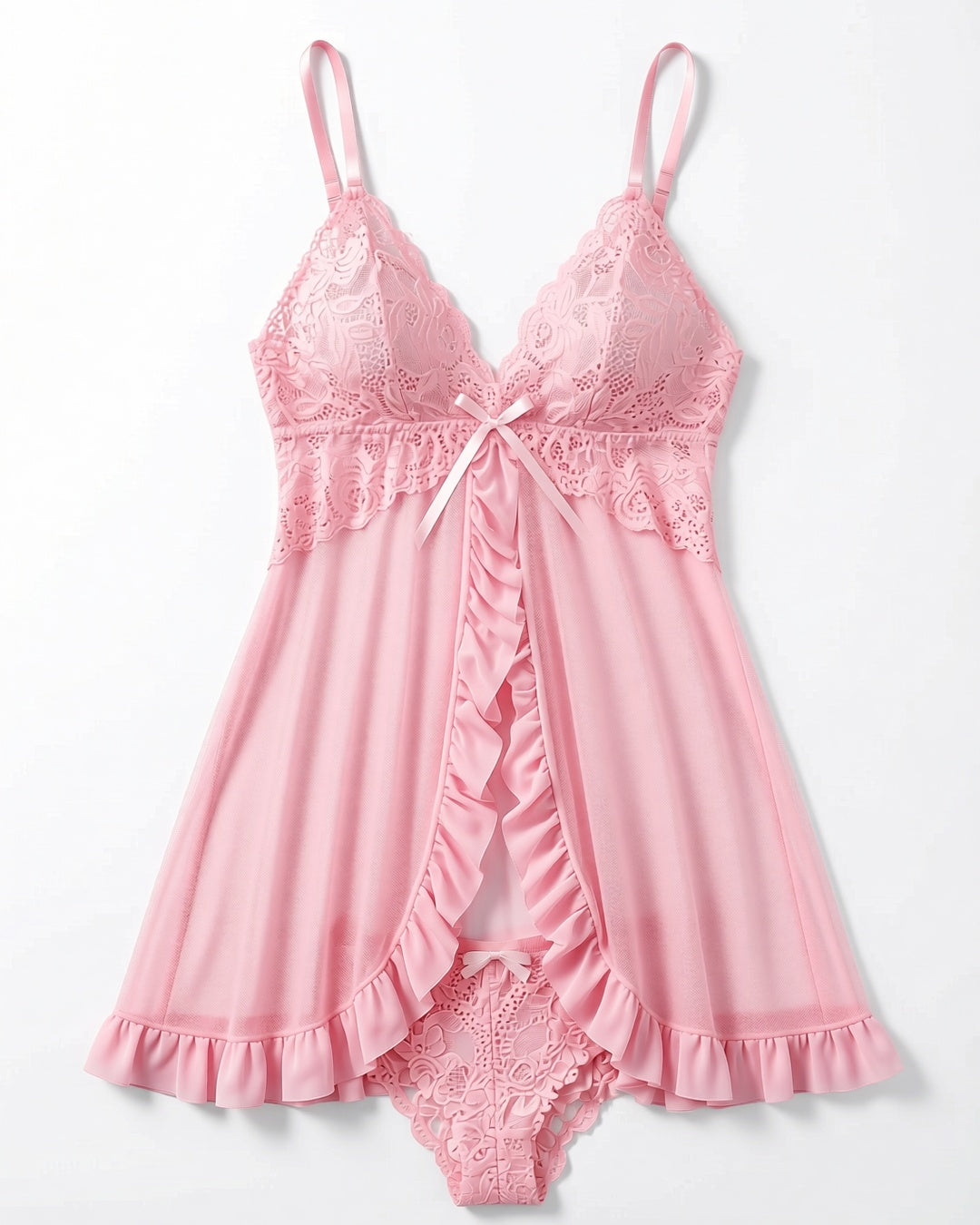 French Lace V-Neck Cami Slip in Pink Red, laid flat to show the full piece.