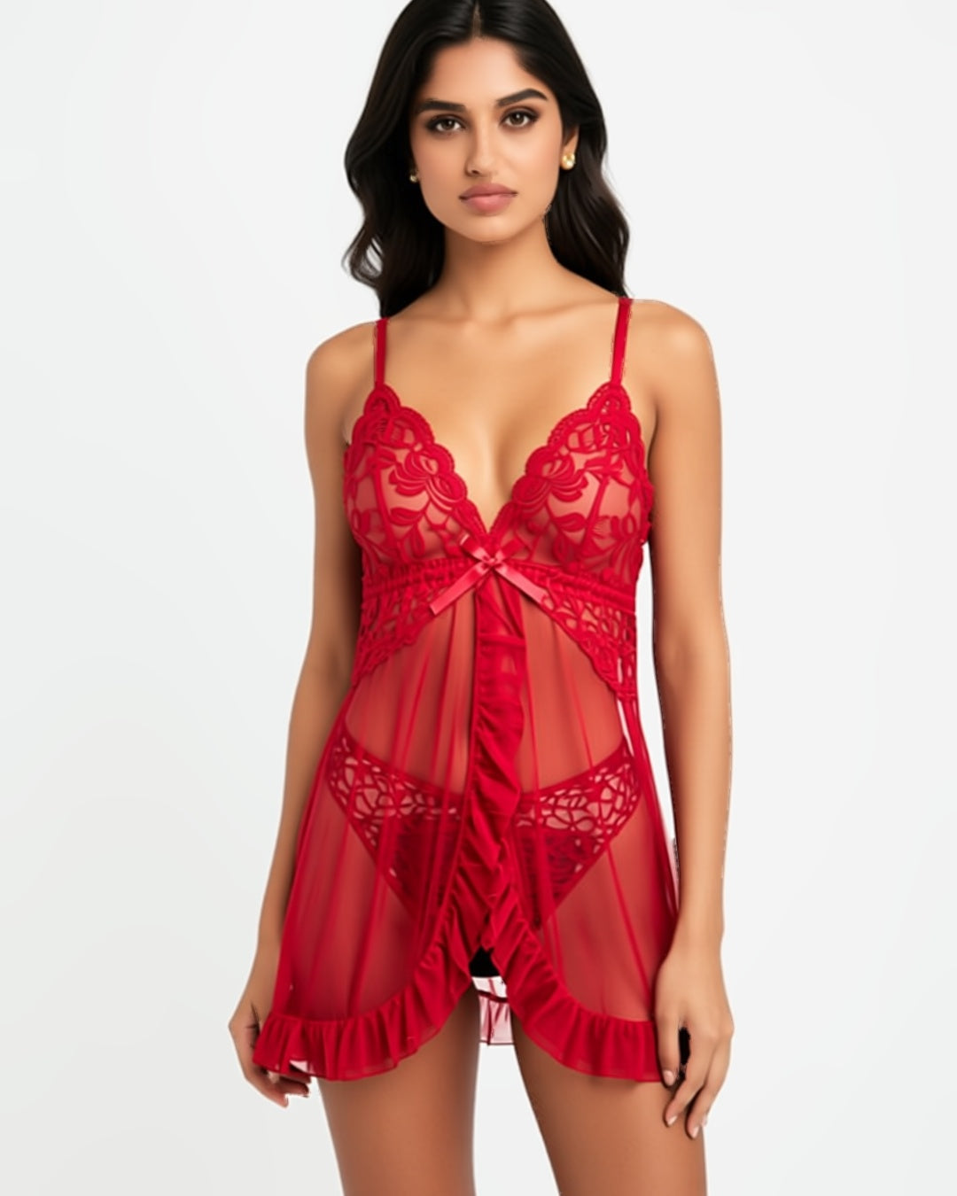 French Lace V-Neck Cami Slip in Red, front view on model Maya (EUP-W06). onmodel