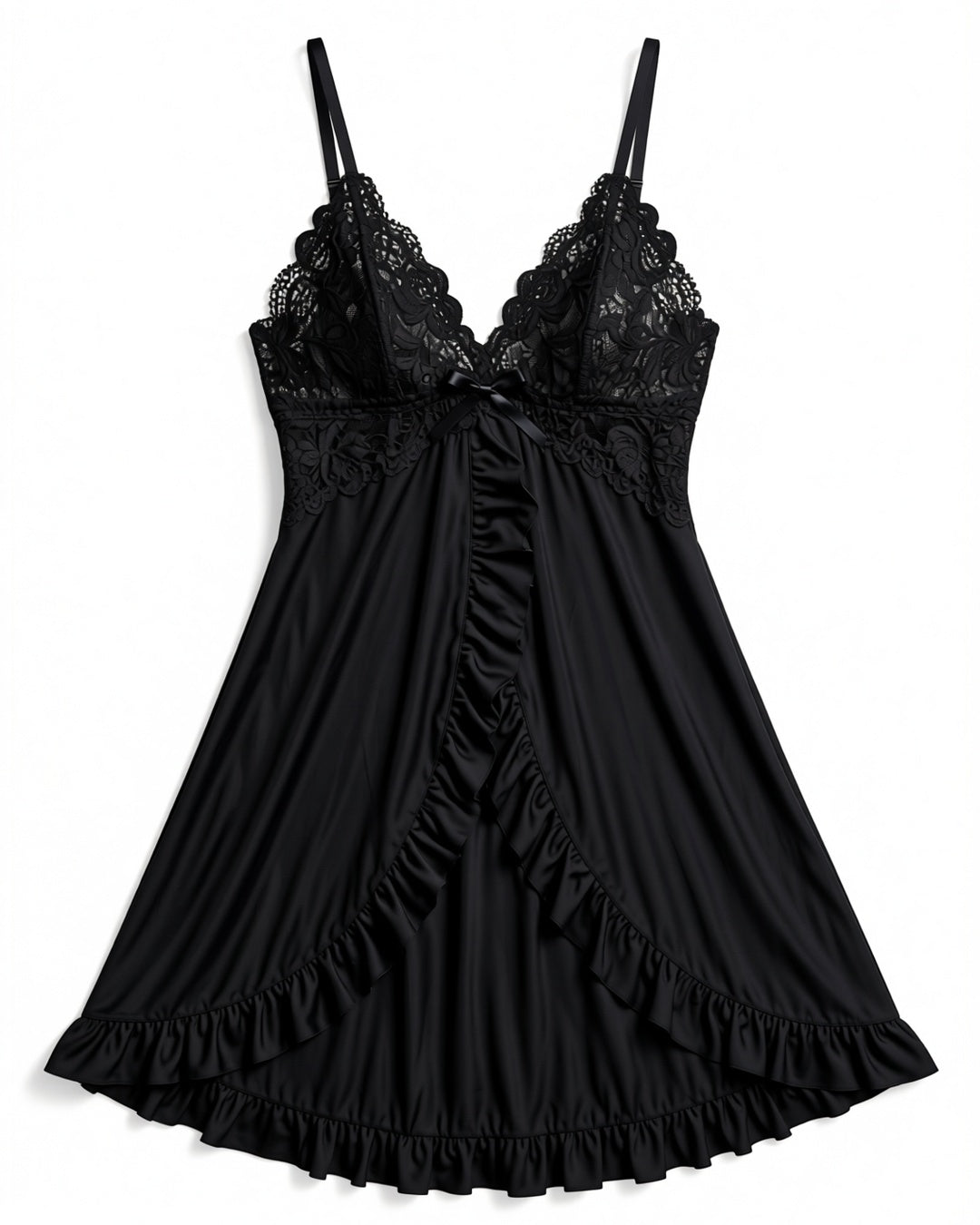 Lace V-Neck Slip Dress in Black, laid flat to show the full piece.