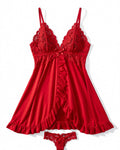 Lace V-Neck Slip Dress in Red, laid flat to show the full piece.