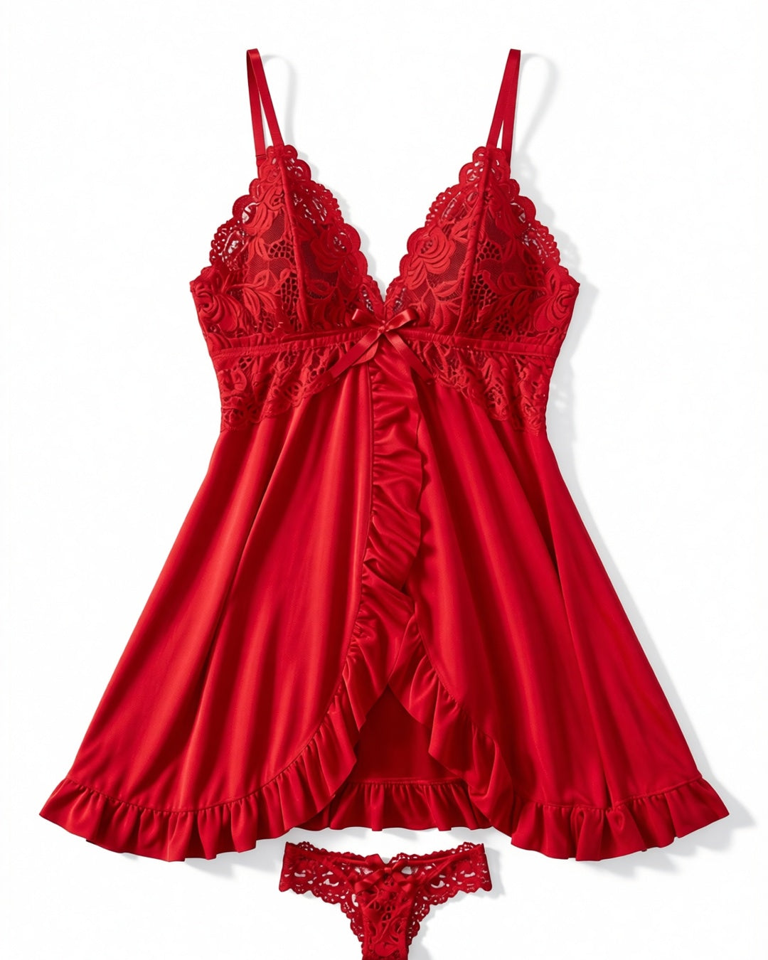 Lace V-Neck Slip Dress in Red, laid flat to show the full piece.