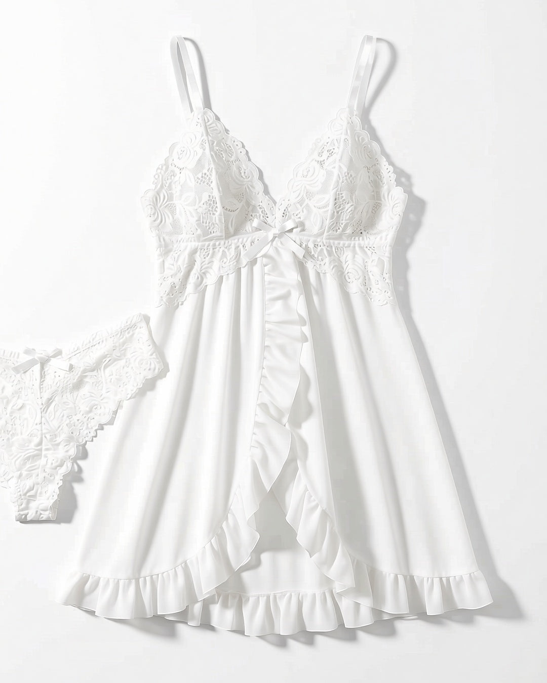 Lace V-Neck Slip Dress in White, laid flat to show the full piece.