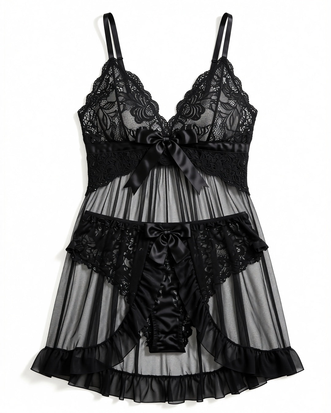 French Lace Front-Closure Babydoll Set in Black, laid flat to show the full piece.
