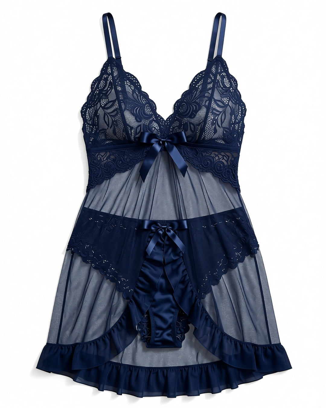 French Lace Front-Closure Babydoll Set in Navy, laid flat to show the full piece.