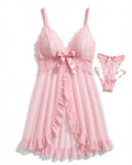 French Lace Front-Closure Babydoll Set in Pink Red, laid flat to show the full piece.