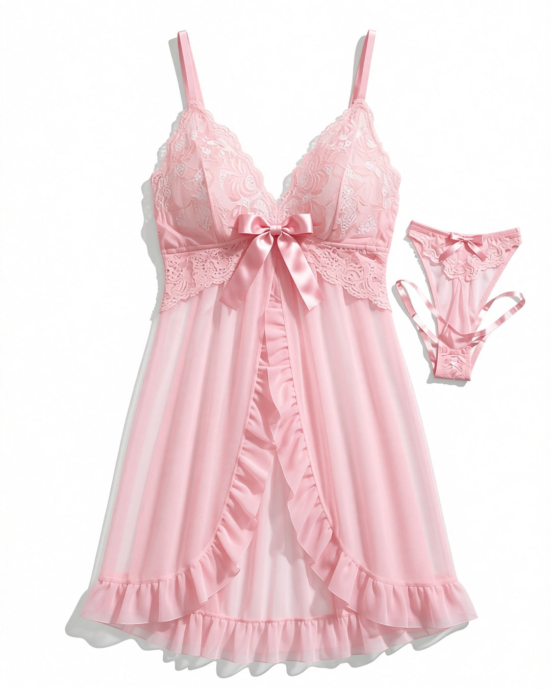 French Lace Front-Closure Babydoll Set in Pink Red, laid flat to show the full piece.
