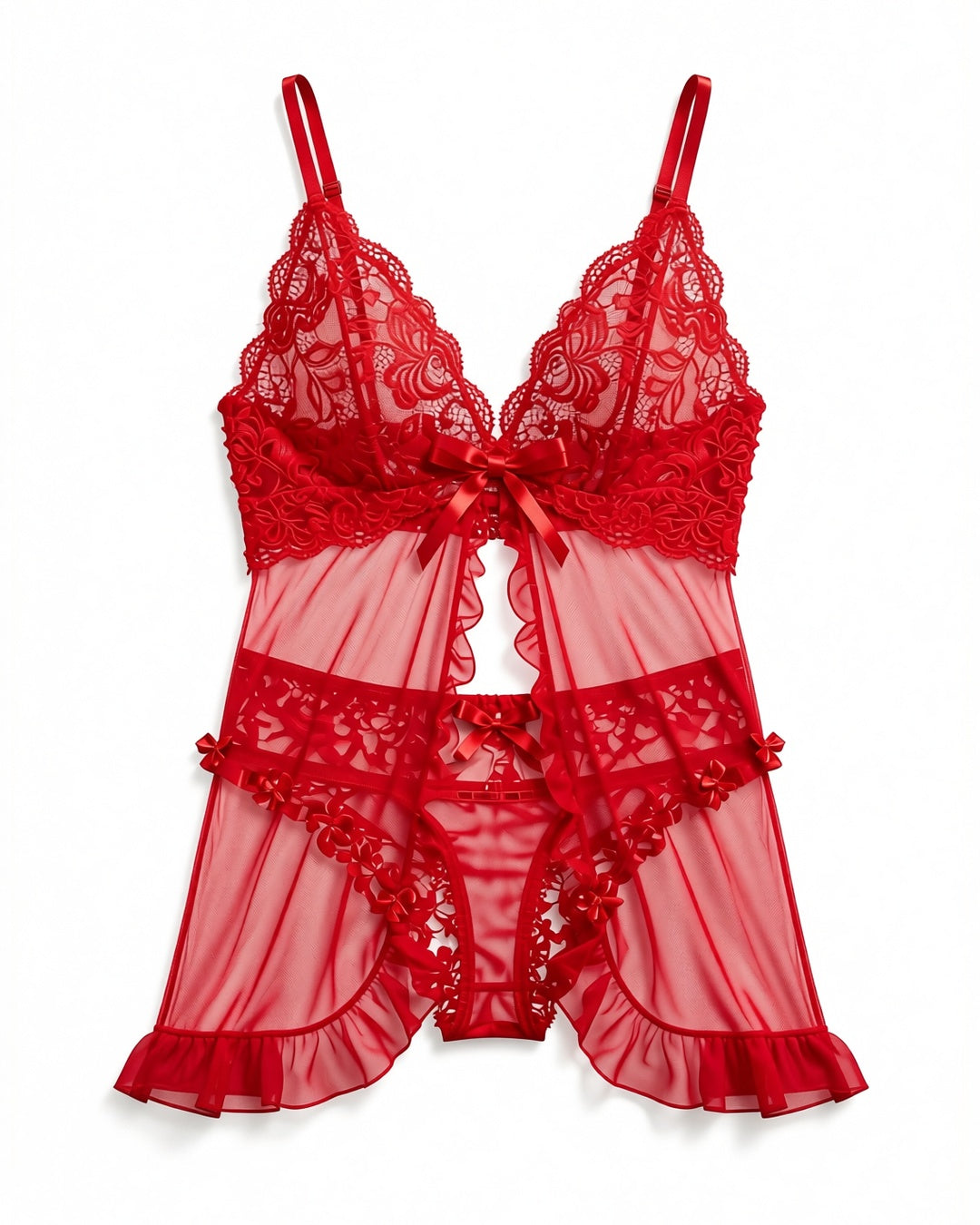 French Lace Front-Closure Babydoll Set in Red, laid flat to show the full piece.