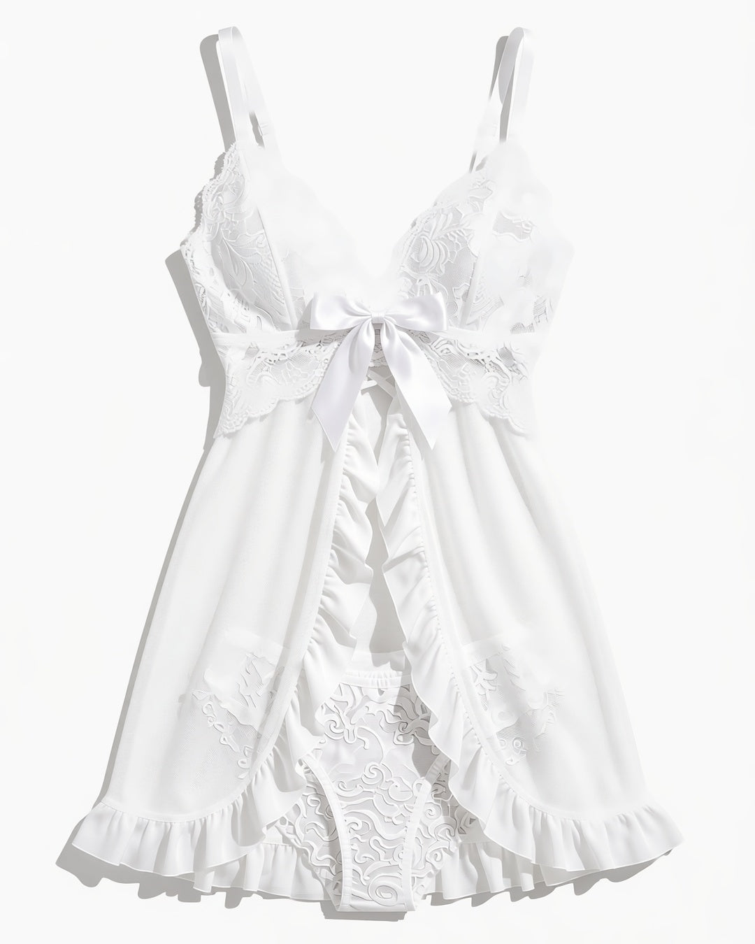 French Lace Front-Closure Babydoll Set in White, laid flat to show the full piece.