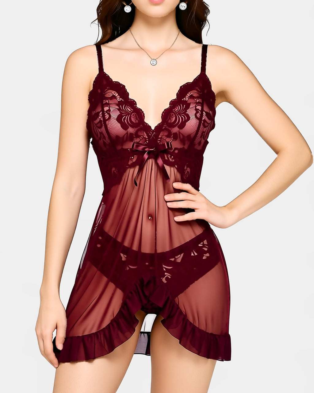 French Lace Front-Closure Babydoll Set in Burgundy, front view on model Layla (EUP-W04). onmodel