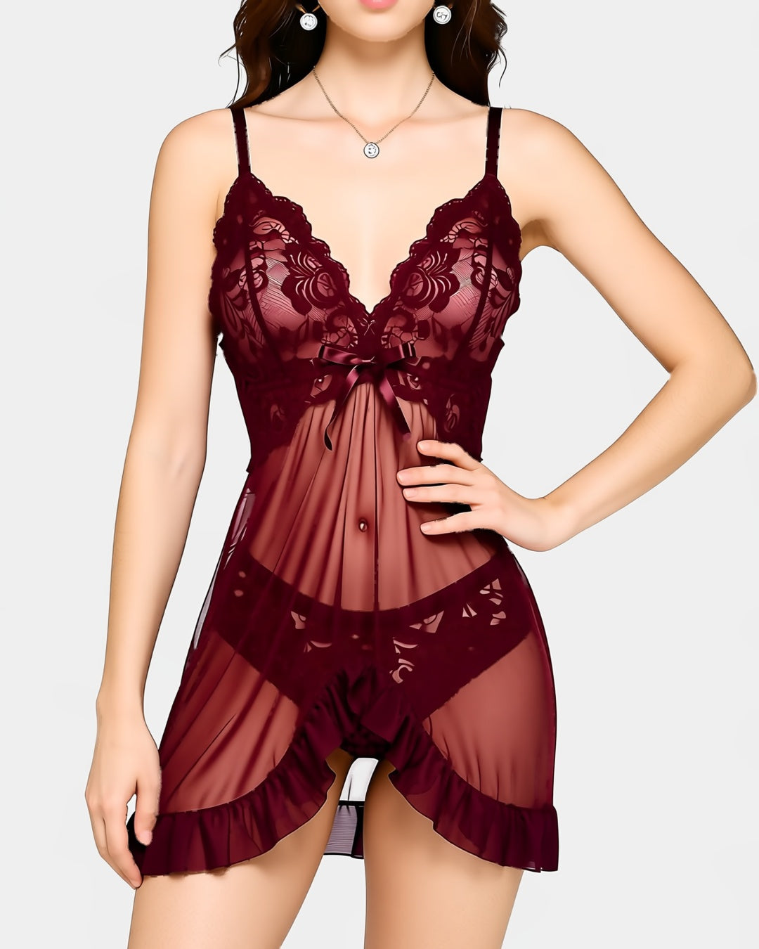 French Lace Front-Closure Babydoll Set in Burgundy, front view on model Layla (EUP-W04). onmodel