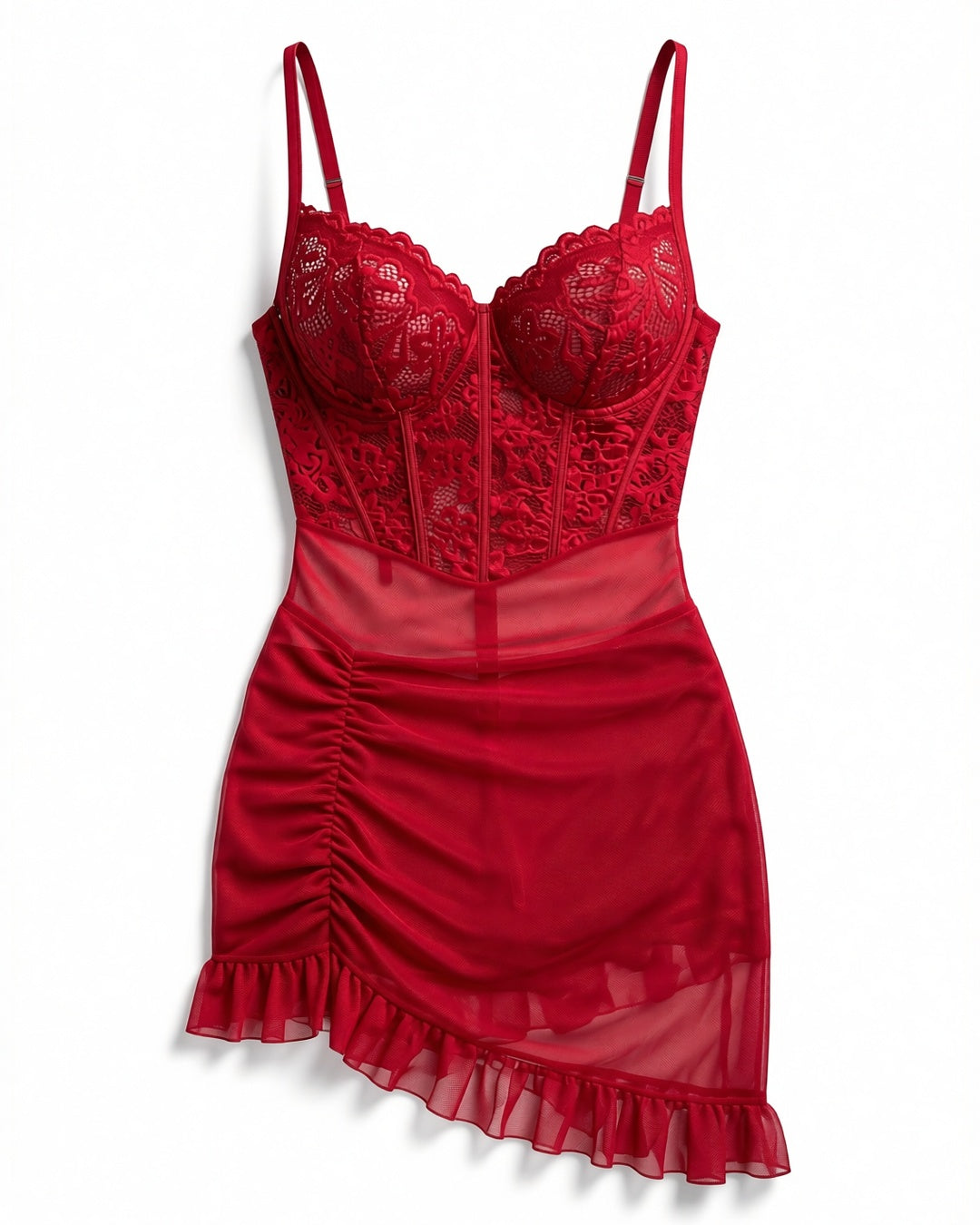 Lace Bustier Cami Nightdress with Mesh Skirt in Brick Red, laid flat to show the full piece.