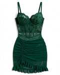 Lace Bustier Cami Nightdress with Mesh Skirt in Dark Green, laid flat to show the full piece.