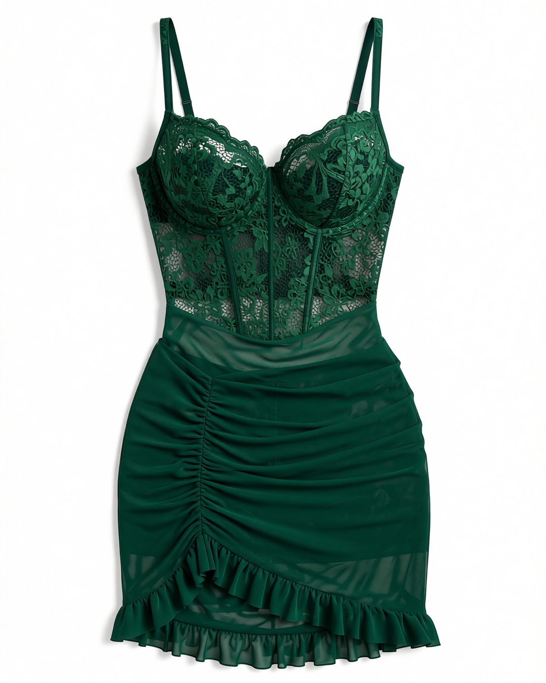 Lace Bustier Cami Nightdress with Mesh Skirt in Dark Green, laid flat to show the full piece.