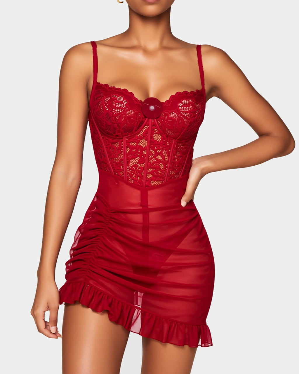 Lace Bustier Cami Nightdress with Mesh Skirt in Brick Red, front view on model Amira (EUP-W03). The thong is styling only. onmodel