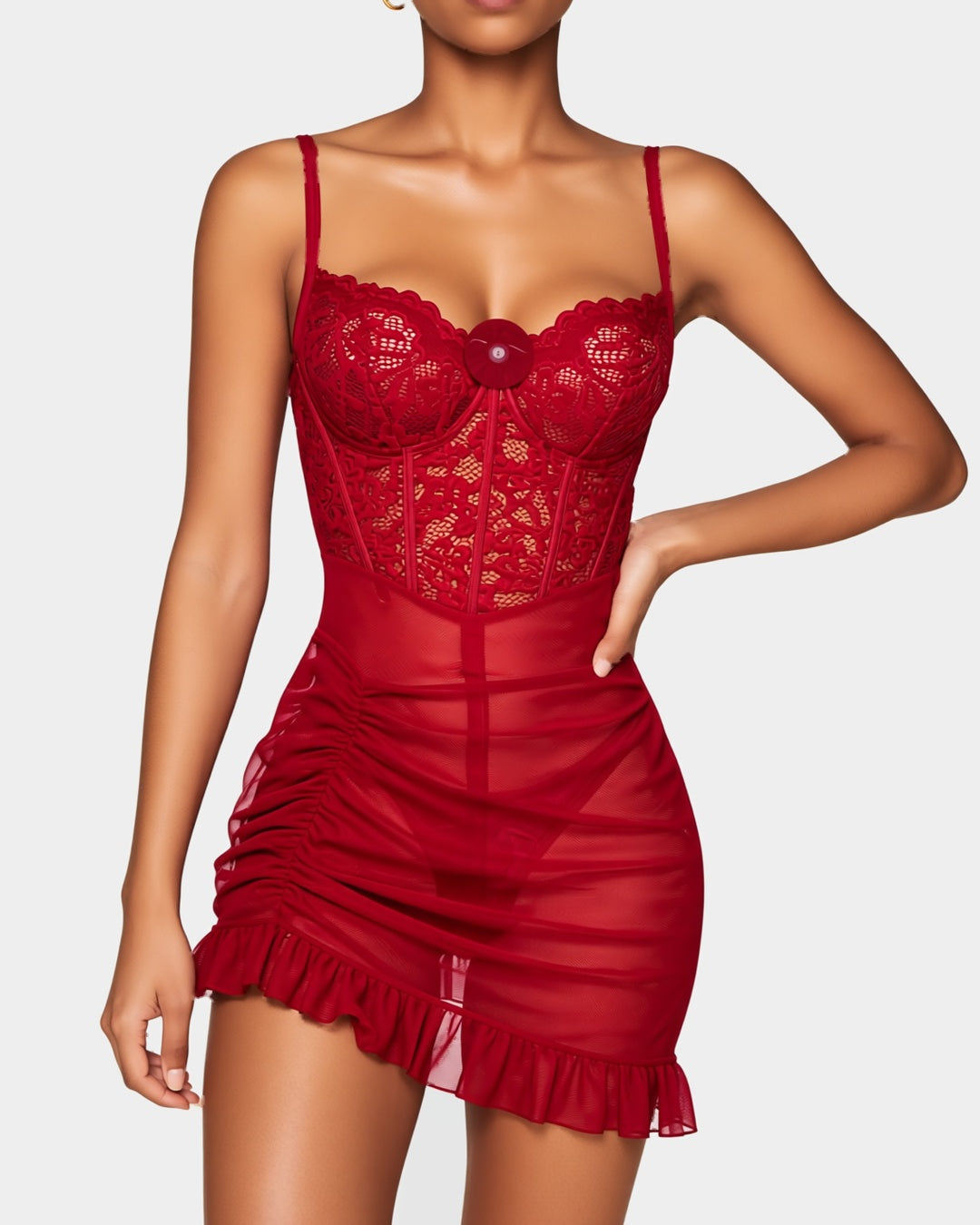 Lace Bustier Cami Nightdress with Mesh Skirt in Brick Red, front view on model Amira (EUP-W03). The thong is styling only. onmodel