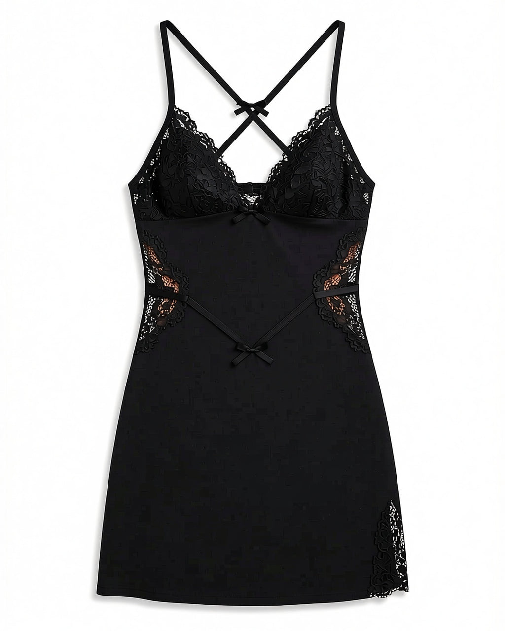 Lace Panel Backless Nightgown with Thong in Black, laid flat to show the full piece.