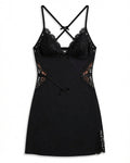 Lace Panel Backless Nightgown with Thong in Black, laid flat to show the full piece.