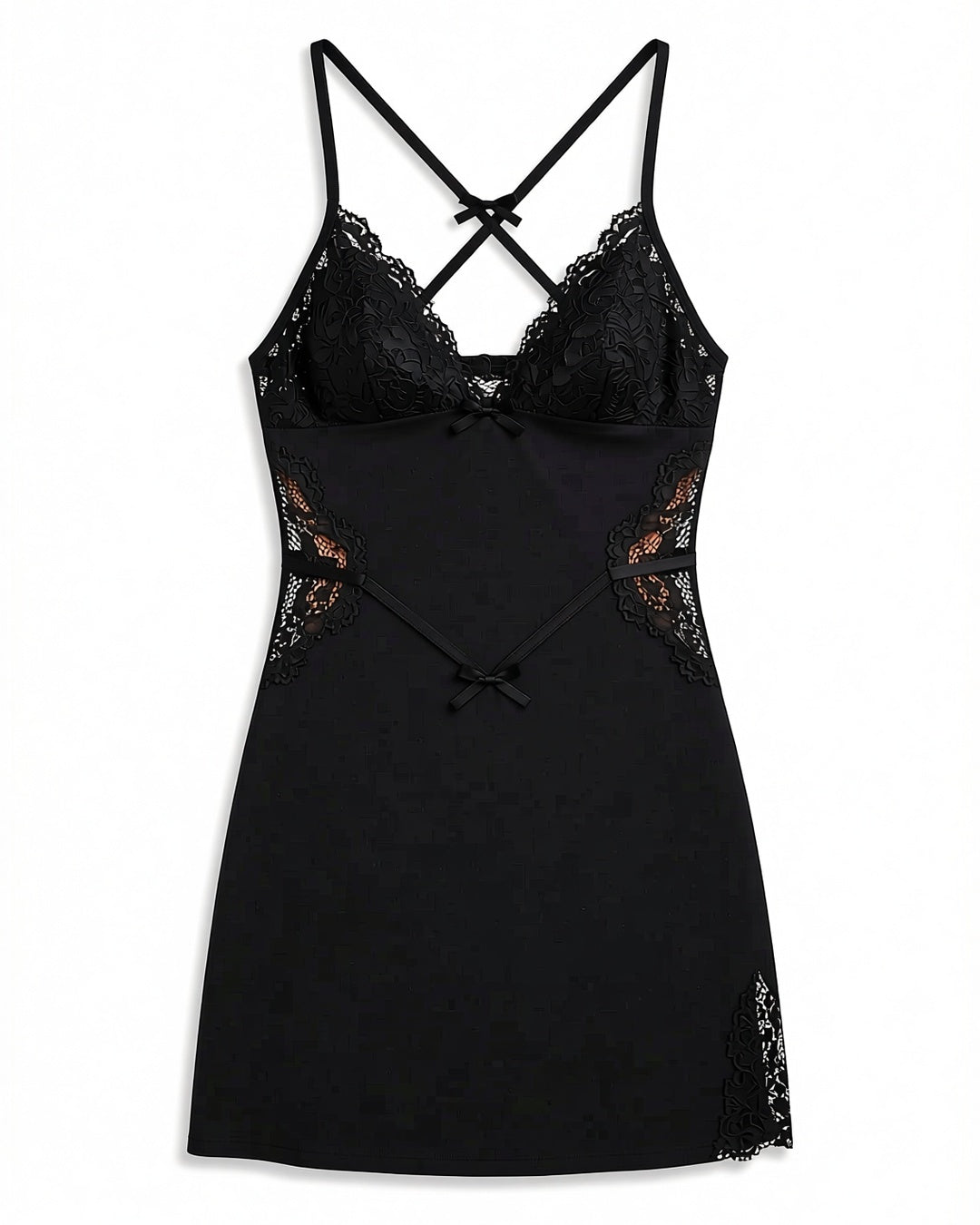 Lace Panel Backless Nightgown with Thong in Black, laid flat to show the full piece.
