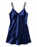 Satin V-Neck Slip with Side Slits in Navy, laid flat to show the full piece.