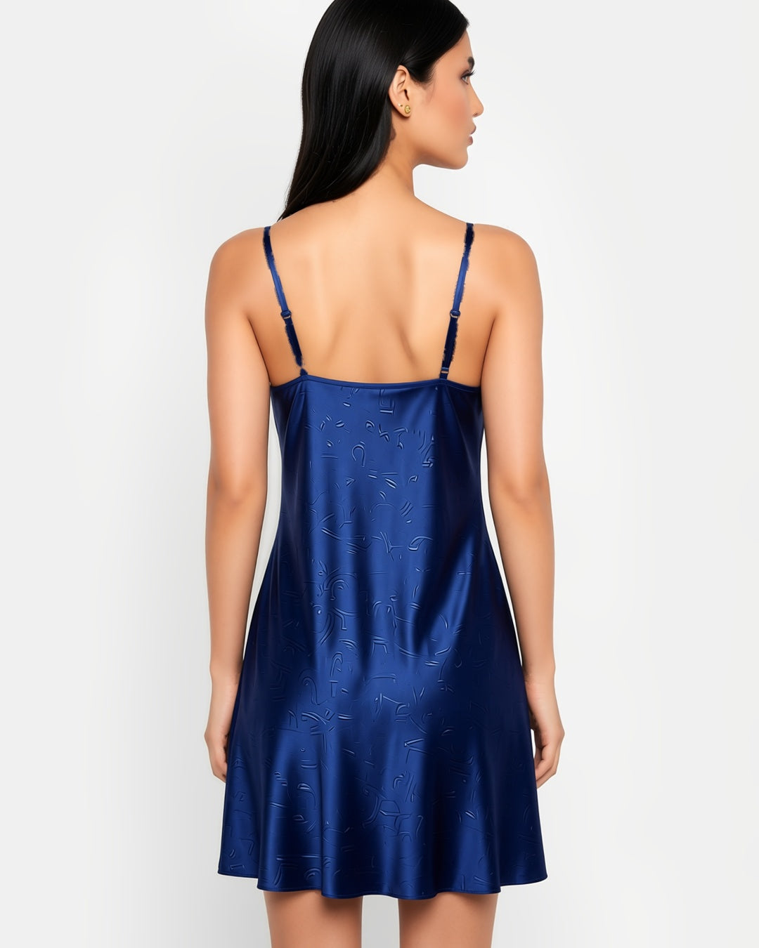 Satin V-Neck Slip with Side Slits in Navy, back view on model Salma (EUP-W02). onmodel