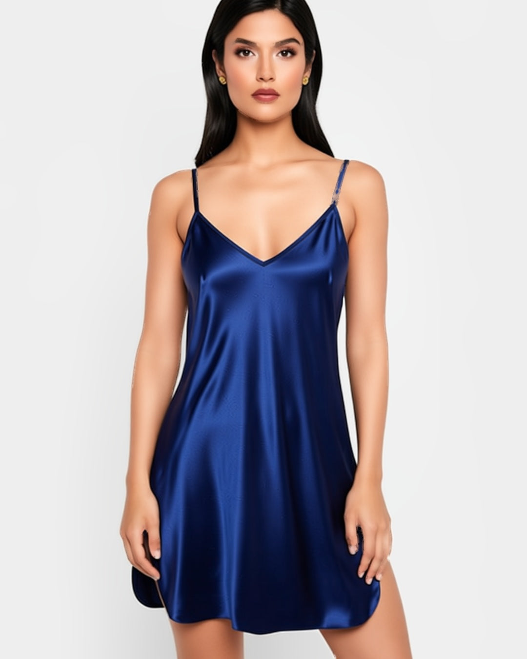 Satin V-Neck Slip with Side Slits in Navy, front view on model Salma (EUP-W02). onmodel