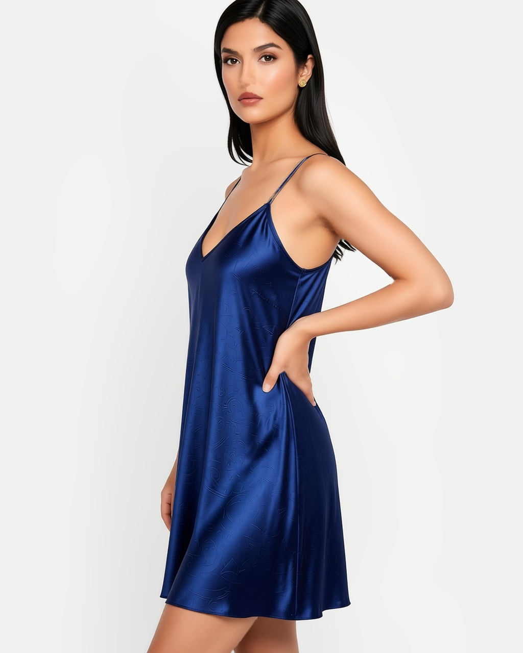 Satin V-Neck Slip with Side Slits in Navy, three-quarter view on model Salma (EUP-W02). onmodel