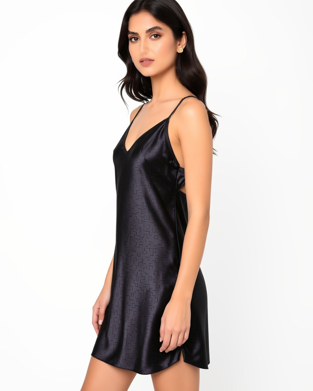 Satin V-Neck Slip with Side Slits in Black, three-quarter view on model Maya (EUP-W06). onmodel