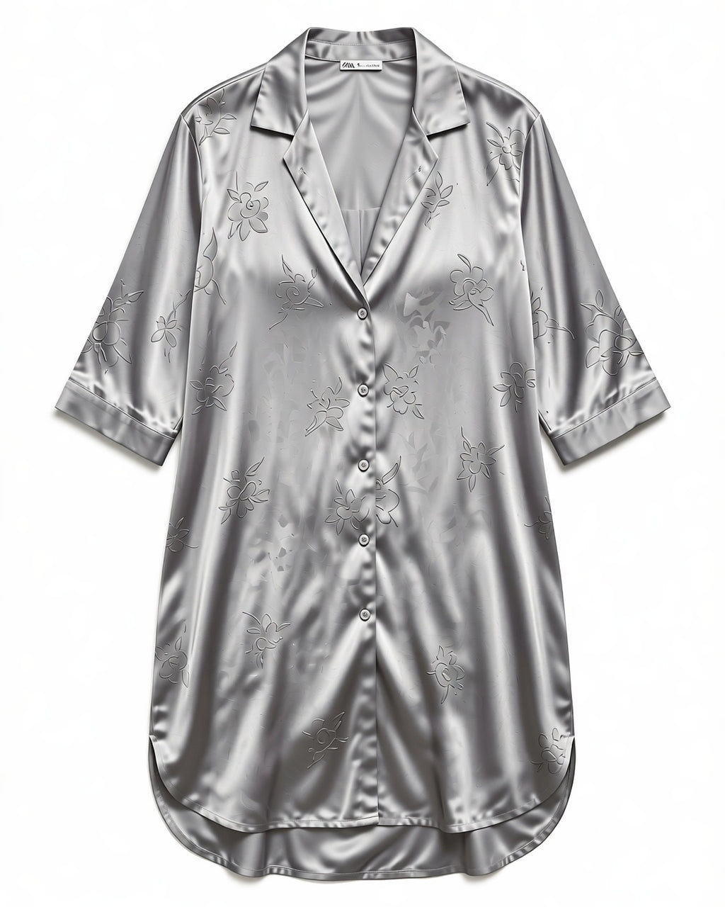 Satin Button-Up Sleep Shirt Dress in Light Grey, laid flat to show the full piece.