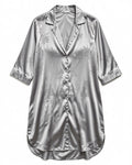 Satin Button-Up Sleep Shirt Dress in Light Grey, laid flat to show the full piece.