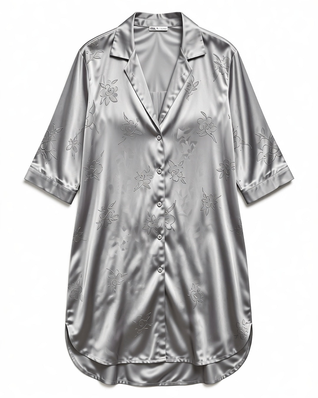 Satin Button-Up Sleep Shirt Dress in Light Grey, laid flat to show the full piece.