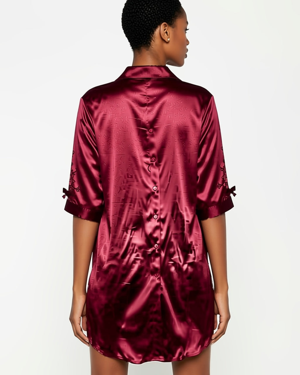 Satin Button-Up Sleep Shirt Dress in Red, back view on model Amira (EUP-W03). onmodel