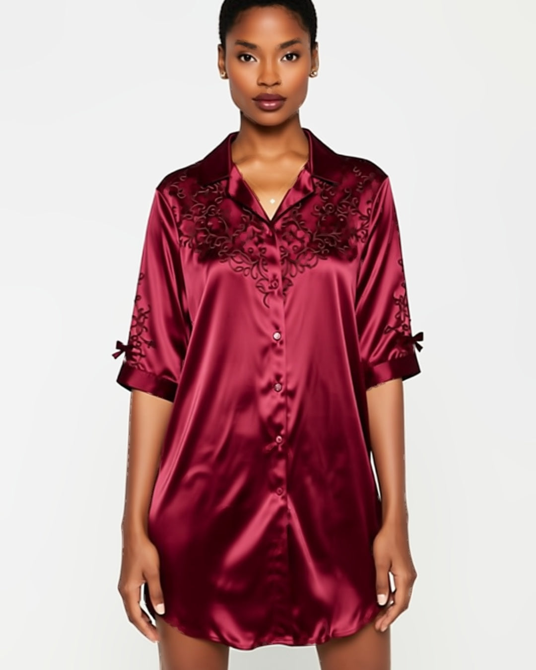 Satin Button-Up Sleep Shirt Dress in Red, front view on model Amira (EUP-W03). onmodel