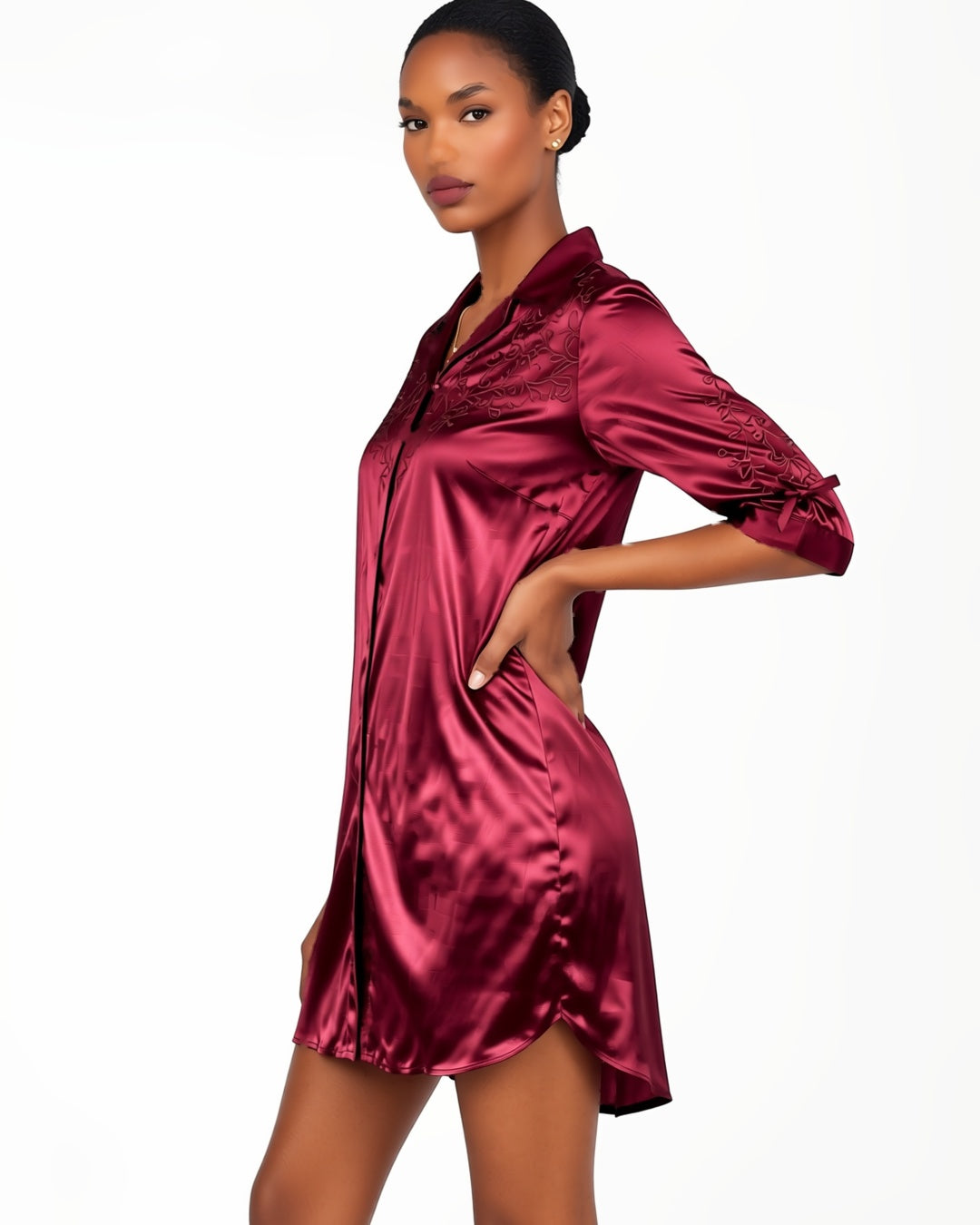 Satin Button-Up Sleep Shirt Dress in Red, three-quarter view on model Amira (EUP-W03). onmodel