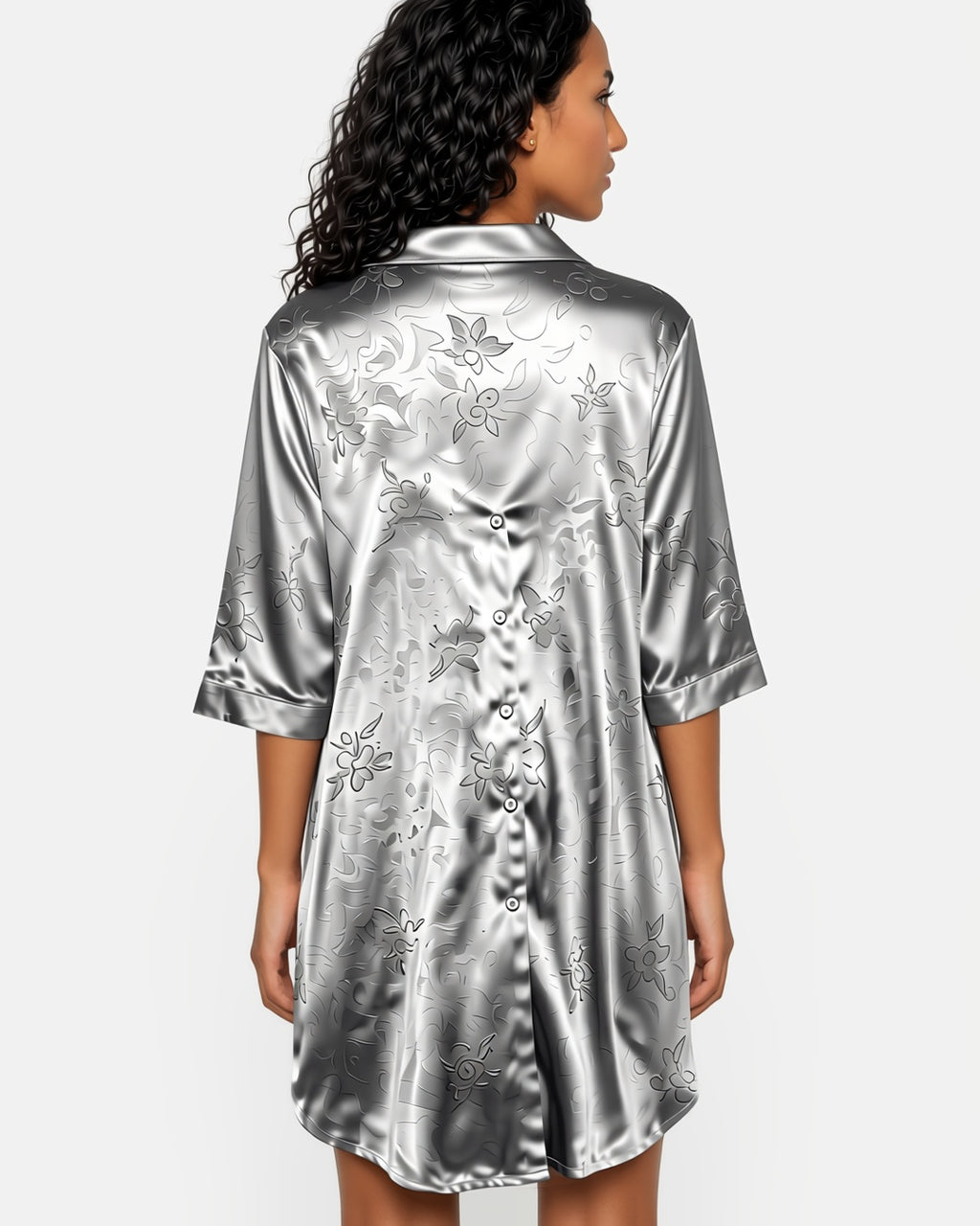 Satin Button-Up Sleep Shirt Dress in Light Grey, back view on model Yasmin (EUP-W08). onmodel
