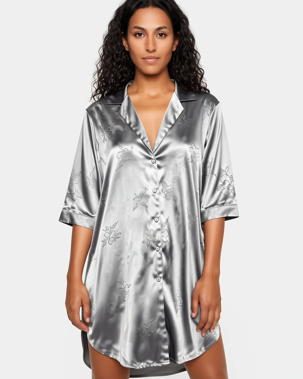Satin Button-Up Sleep Shirt Dress in Light Grey, front view on model Yasmin (EUP-W08). onmodel