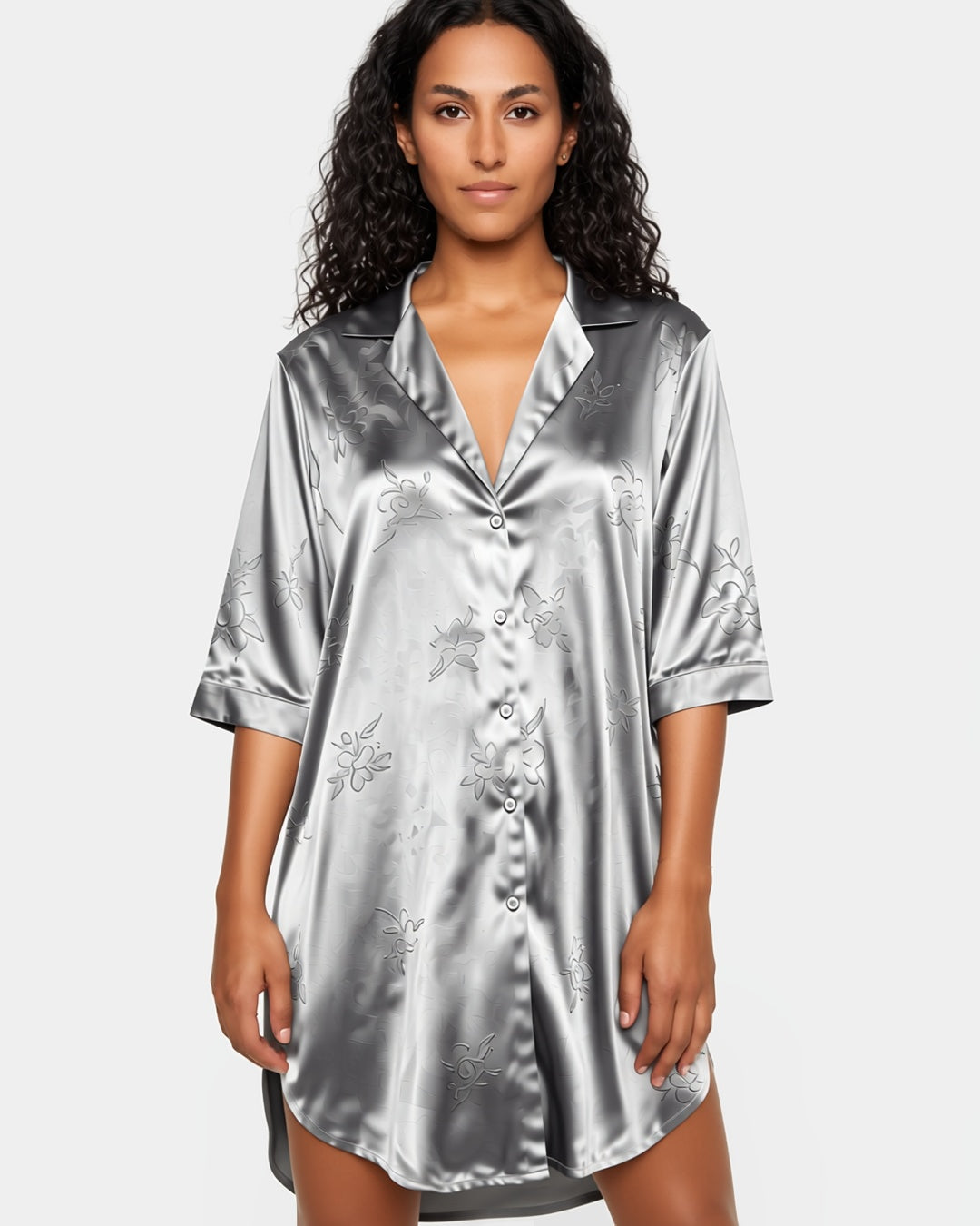 Satin Button-Up Sleep Shirt Dress in Light Grey, front view on model Yasmin (EUP-W08). onmodel