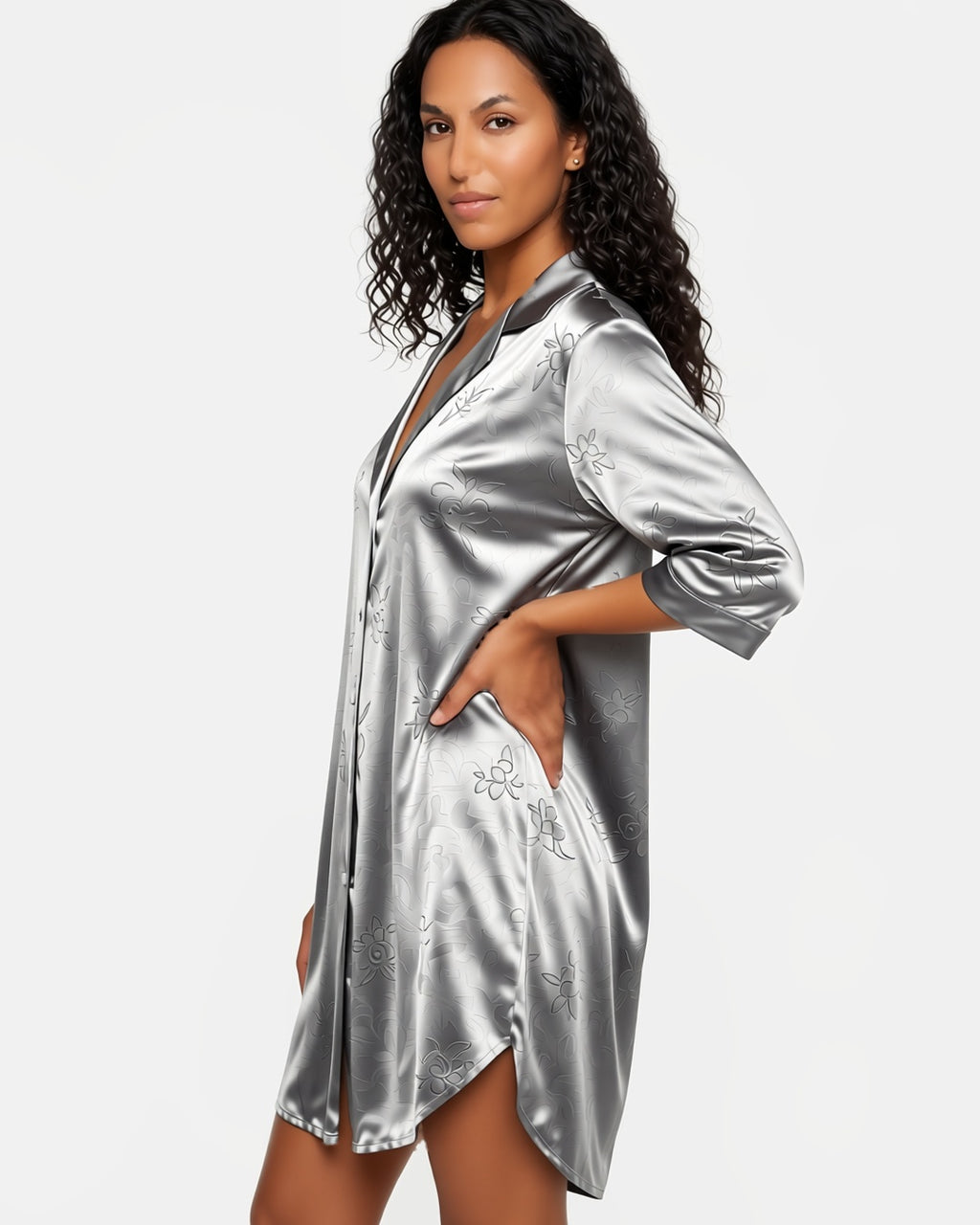 Satin Button-Up Sleep Shirt Dress in Light Grey, three-quarter view on model Yasmin (EUP-W08). onmodel