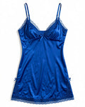 Satin Mini Slip with Lace Trim in Blue, laid flat to show the full piece.