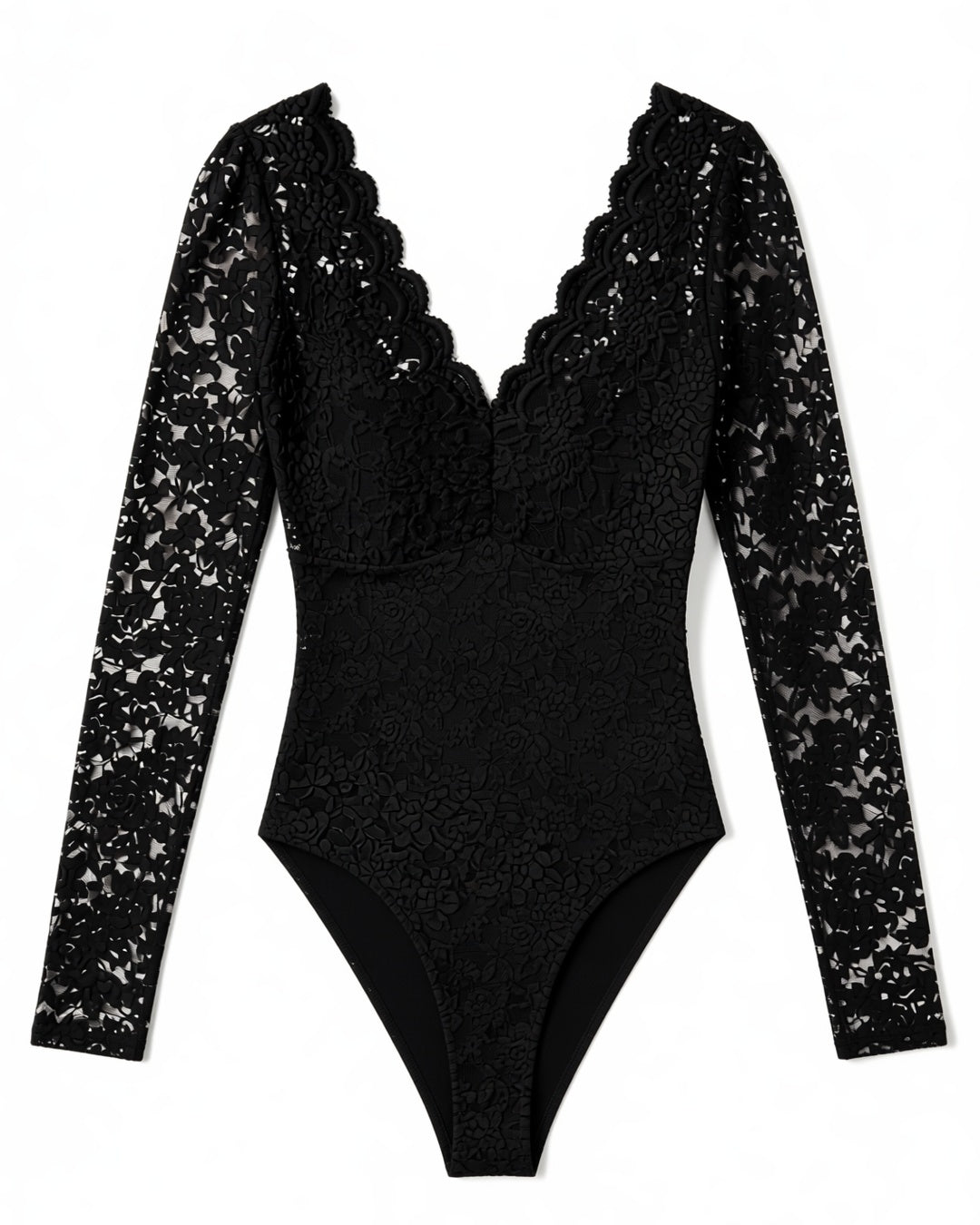 Rose Lace Long Sleeve Plunge Bodysuit in Black, laid flat to show the full piece.