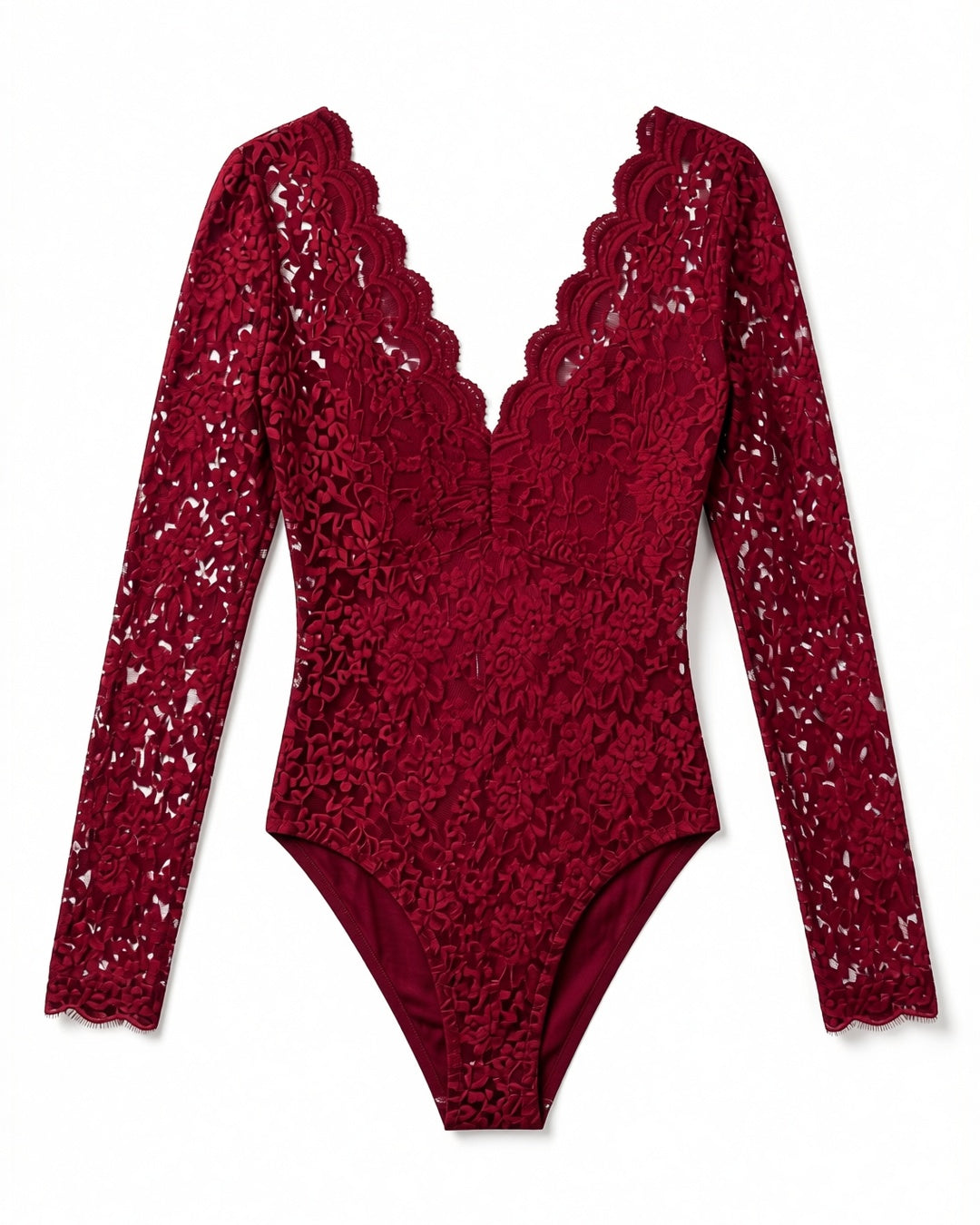 Rose Lace Long Sleeve Plunge Bodysuit in Burgundy, laid flat to show the full piece.