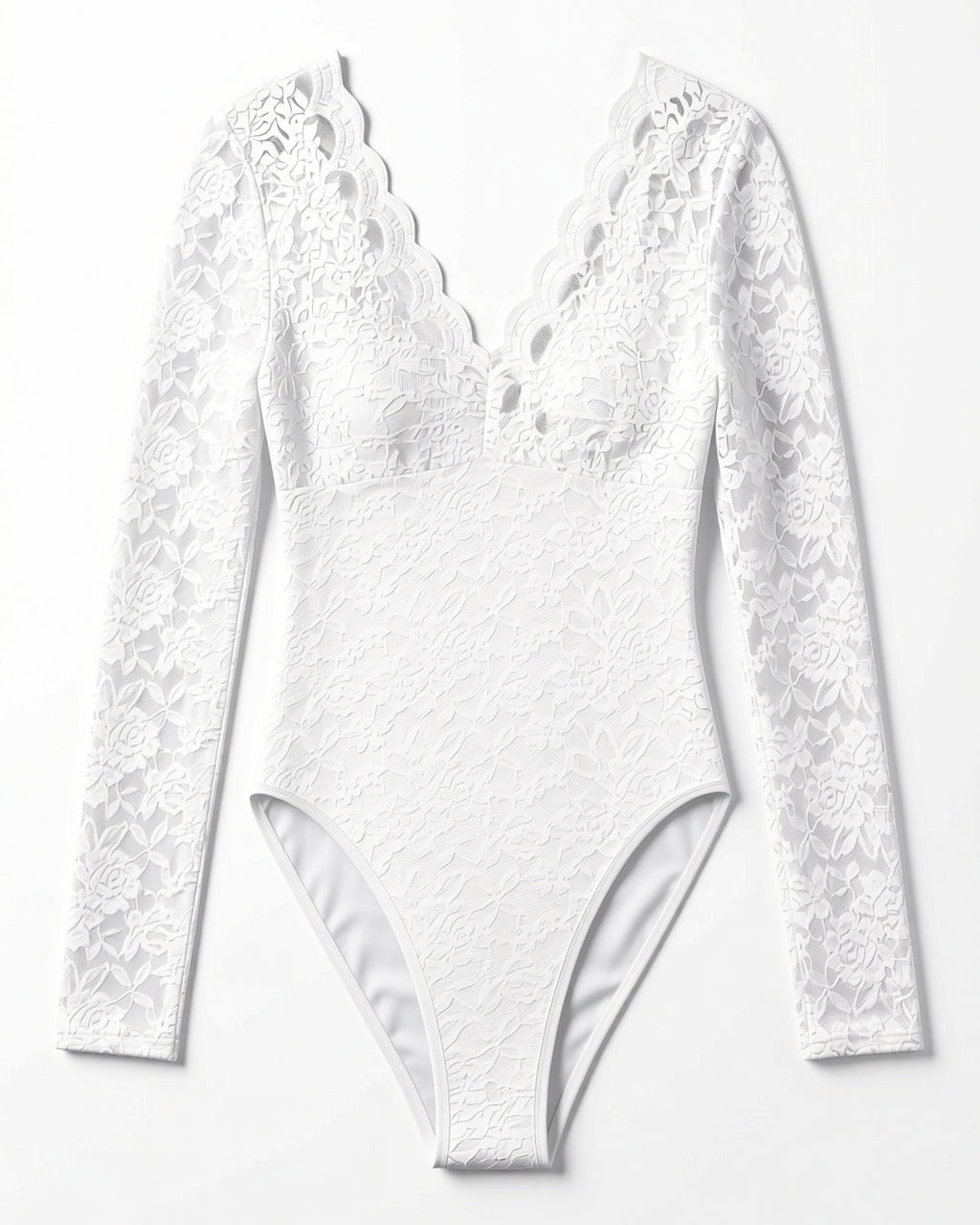 Rose Lace Long Sleeve Plunge Bodysuit in White, laid flat to show the full piece.