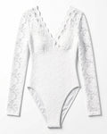 Rose Lace Long Sleeve Plunge Bodysuit in White, laid flat to show the full piece.