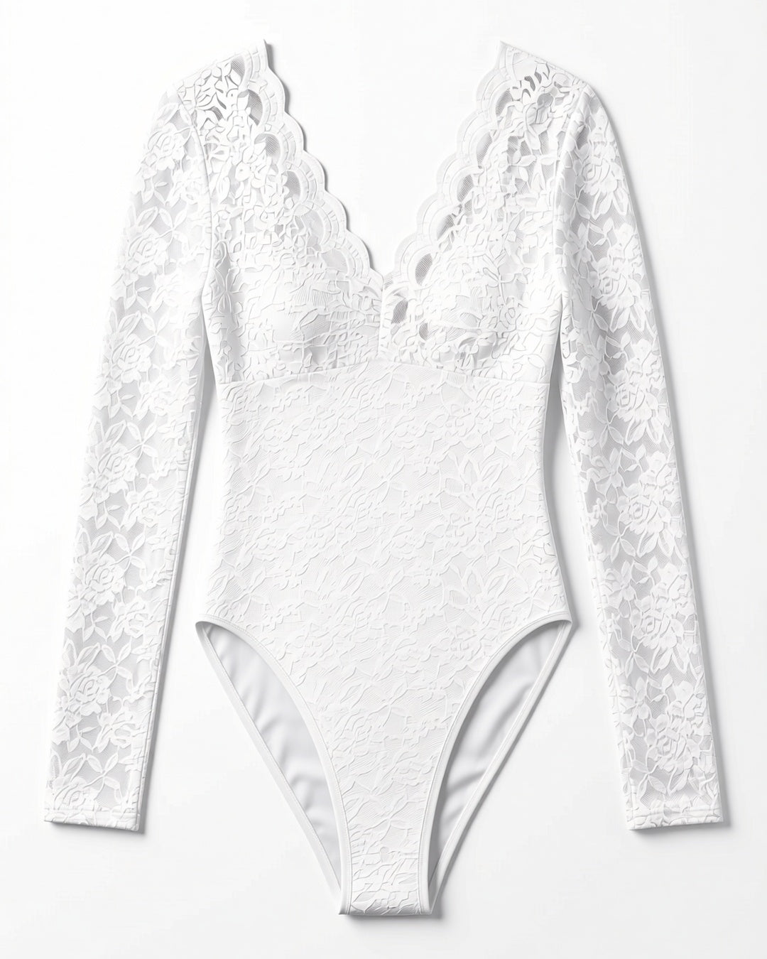 Rose Lace Long Sleeve Plunge Bodysuit in White, laid flat to show the full piece.