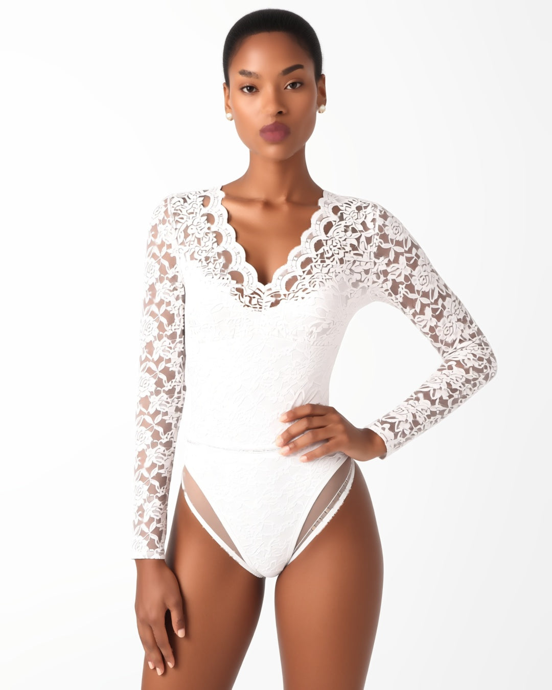Rose Lace Long Sleeve Plunge Bodysuit in White, front view on model Amira (EUP-W03). onmodel