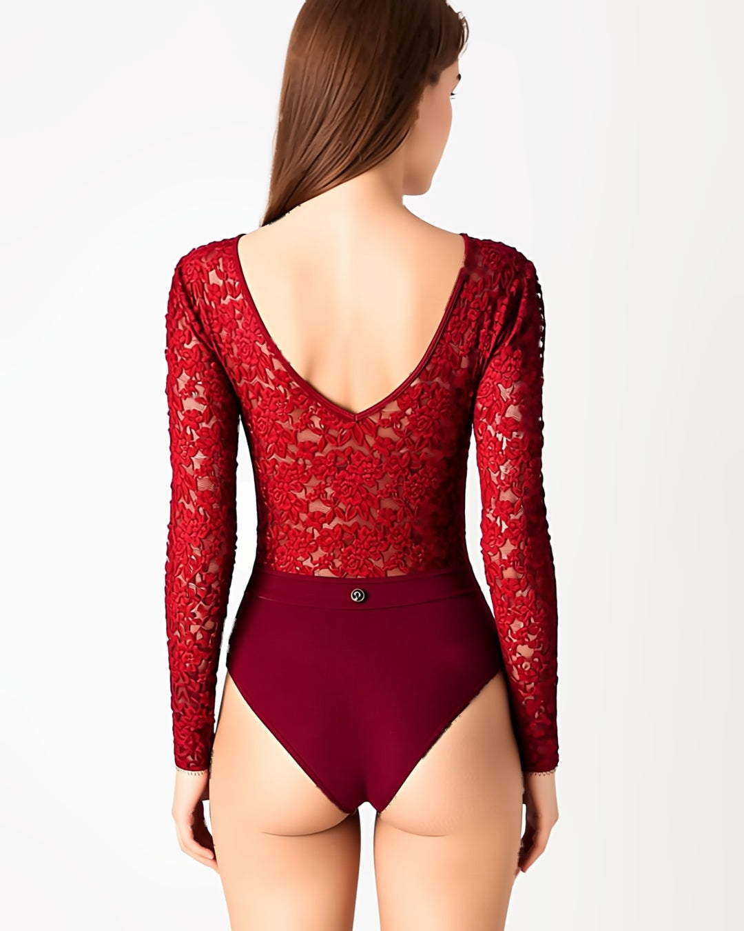 Rose Lace Long Sleeve Plunge Bodysuit in Burgundy, back view on model Layla (EUP-W04). onmodel